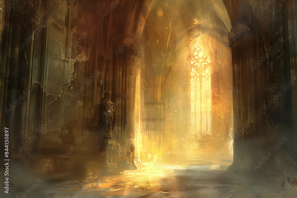 Atmospheric Digital Painting of an Ancient Gothic Cathedral Bathed in Golden Sunlight, Featuring Tall Arched Ceilings and Statues, Highlighting the Majestic and Sacred Ambiance with Rich Details Atmospheric Digital Painting of an Ancient Gothic Cathedral Bathed in Golden Sunlight, Featuring Tall Arched Ceilings and Statues, Highlighting the Majestic and Sacred Ambiance with Rich Details