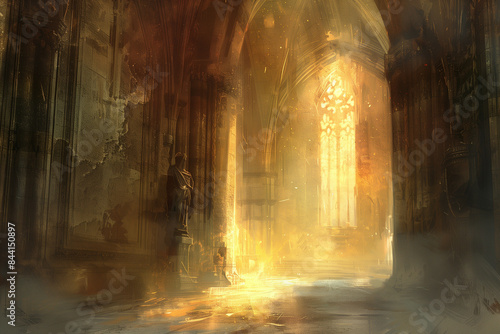 Atmospheric Digital Painting of an Ancient Gothic Cathedral Bathed in Golden Sunlight  Featuring Tall Arched Ceilings and Statues  Highlighting the Majestic and Sacred Ambiance with Rich Details