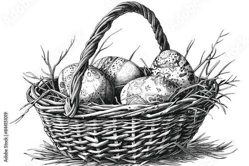 Vector art illustration easter basket with easter eggs on a white background a drawing of a basket of eggs in grass and a drawing of grass and a tree branch basket of painted  generative ai