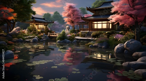 Japanese garden with cherry blossom in spring, panoramic view