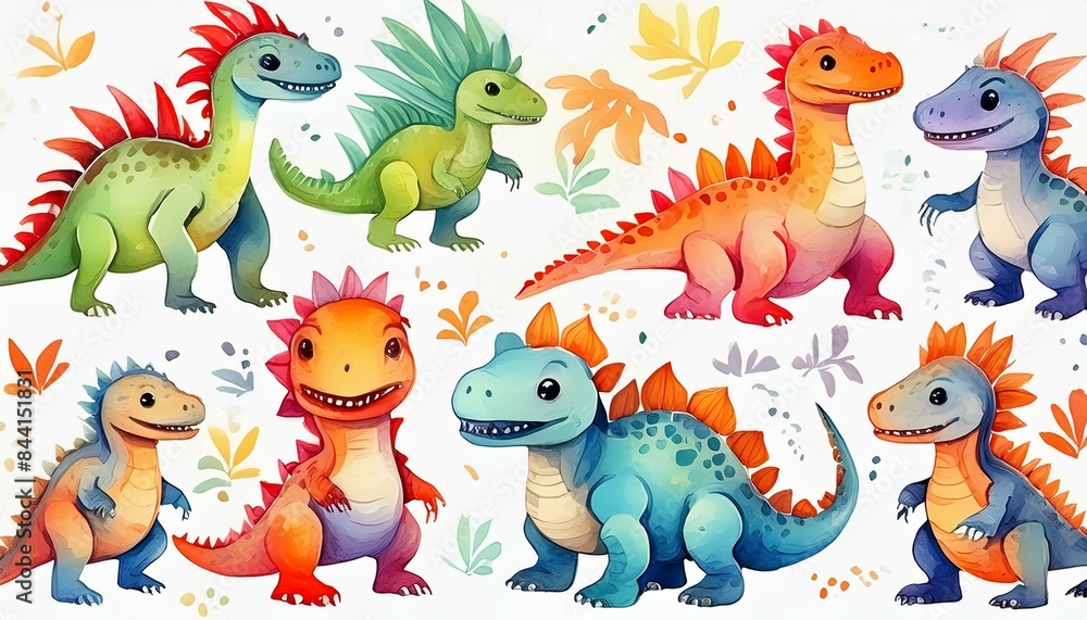 Naklejka premium A handpainted watercolor set featuring various little dinosaurs, showcasing unique and playful designs, perfectly isolated on white
