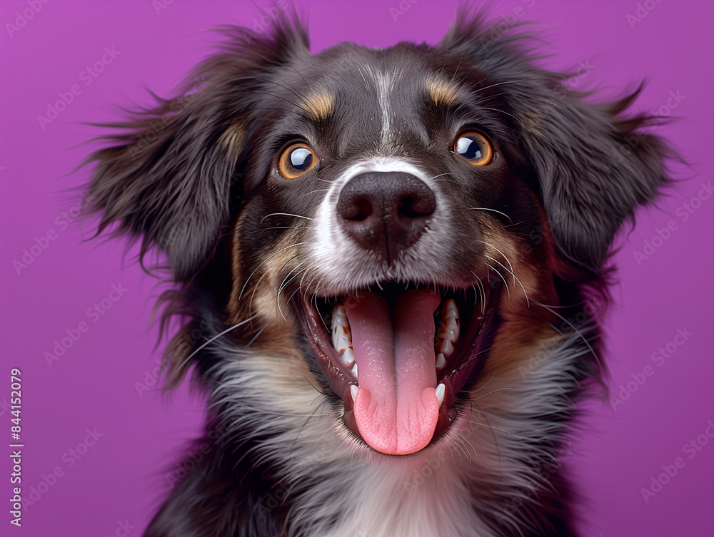 Cute dog with a surprised expression on a purple background.
