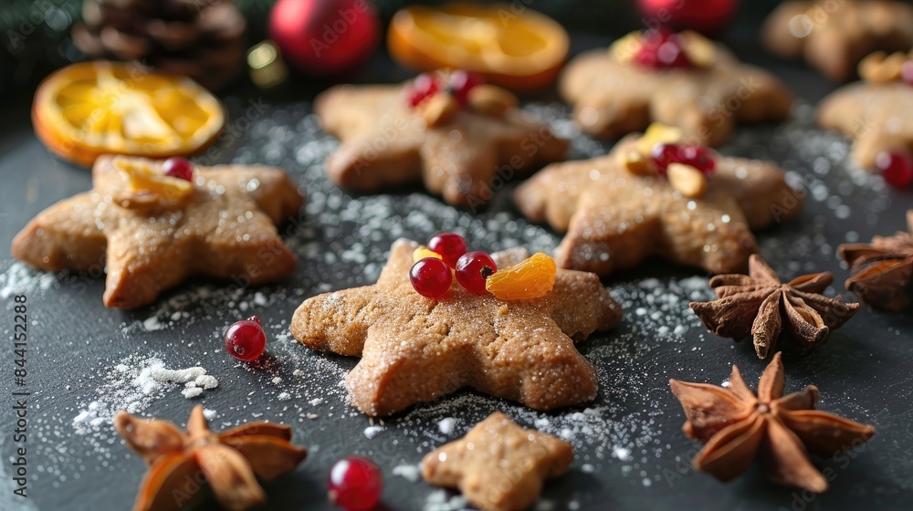 Christmas Cookie Decorations Traditional Cinnamon Stars with Fruits Nuts and Dried Fruits Christmas Cookie Decorations Traditional Cinnamon Stars with Fruits Nuts and Dried Fruits
