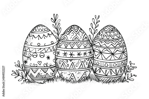 Vector art illustration easter basket with easter eggs on a white background a drawing of a basket of eggs in grass and a drawing of grass and a tree branch basket of painted  generative ai
