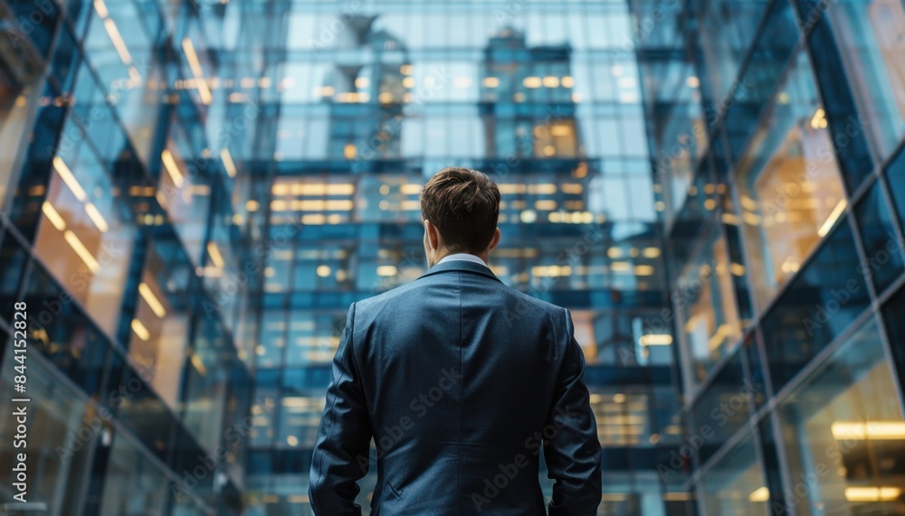 Businessman in a suit stands in front of a modern glass building, reflecting the cityscape, symbolizing corporate success and ambition. Businessman in a suit stands in front of a modern glass building, reflecting the cityscape, symbolizing corporate success and ambition.