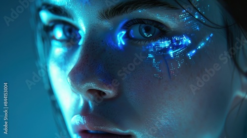 Close-up of a human face with glowing blue futuristic cyber technology elements and intense stare in a dark setting.