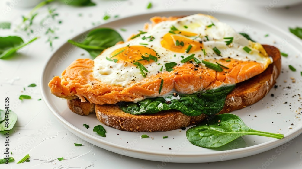 Salmon omelette on toast with spinach and sour cream on a white table Salmon omelette on toast with spinach and sour cream on a white table