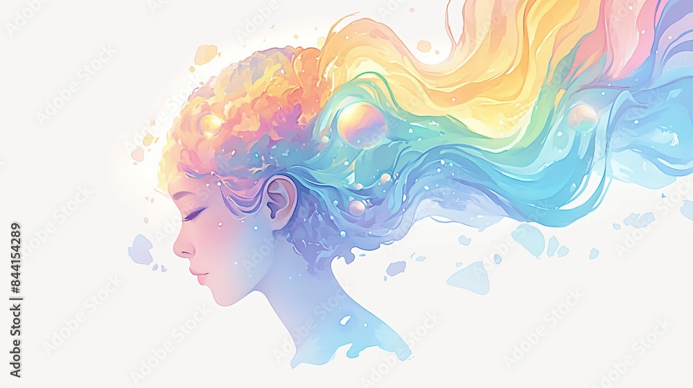 Fototapeta premium A watercolor tapestry of emotion emerges, where watercolor waves in the shape of a human head interweave with a spectrum of colors, reflecting the complexities of human feelings