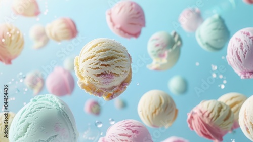 Floating pastel ice cream scoops against a light blue background, creating a dreamy and whimsical atmosphere.