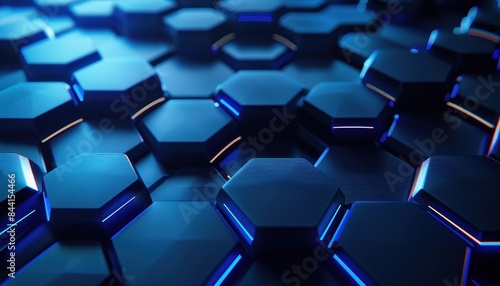 Futuristic blue hexagonal pattern illuminated with a subtle glow  depicting advanced technology and innovation in a 3D abstract design.