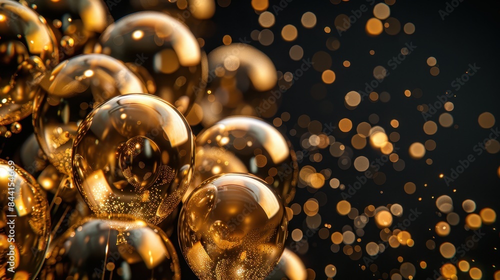 Luxurious golden spheres with sparkling bokeh background, creating an elegant and festive atmosphere for celebrations and design concepts. Luxurious golden spheres with sparkling bokeh background, creating an elegant and festive atmosphere for celebrations and design concepts.