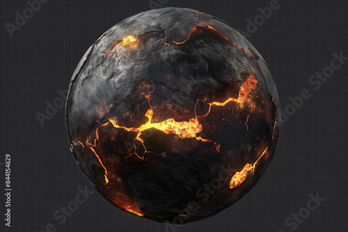 A spherical object resembling a planet featuring cracked black surfaces with glowing molten lava, set against a grid background, portraying an abstract concept of a planet undergoing geological