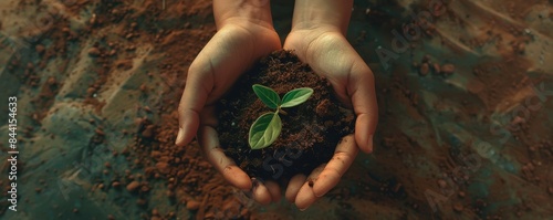 Hands holding soil with a young plant, symbolizing growth, nature, and environmental care on a textured earthy background.