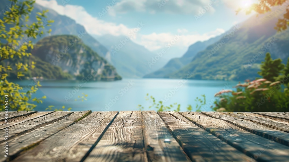 Serene lake surrounded by majestic mountains under a clear sky, with a wooden deck in the foreground perfect for inspiring outdoor scenes. Serene lake surrounded by majestic mountains under a clear sky, with a wooden deck in the foreground perfect for inspiring outdoor scenes.