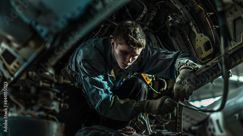 Mechanic Conducts Methodical Plane Undercarriage Check © Magenta Dream
