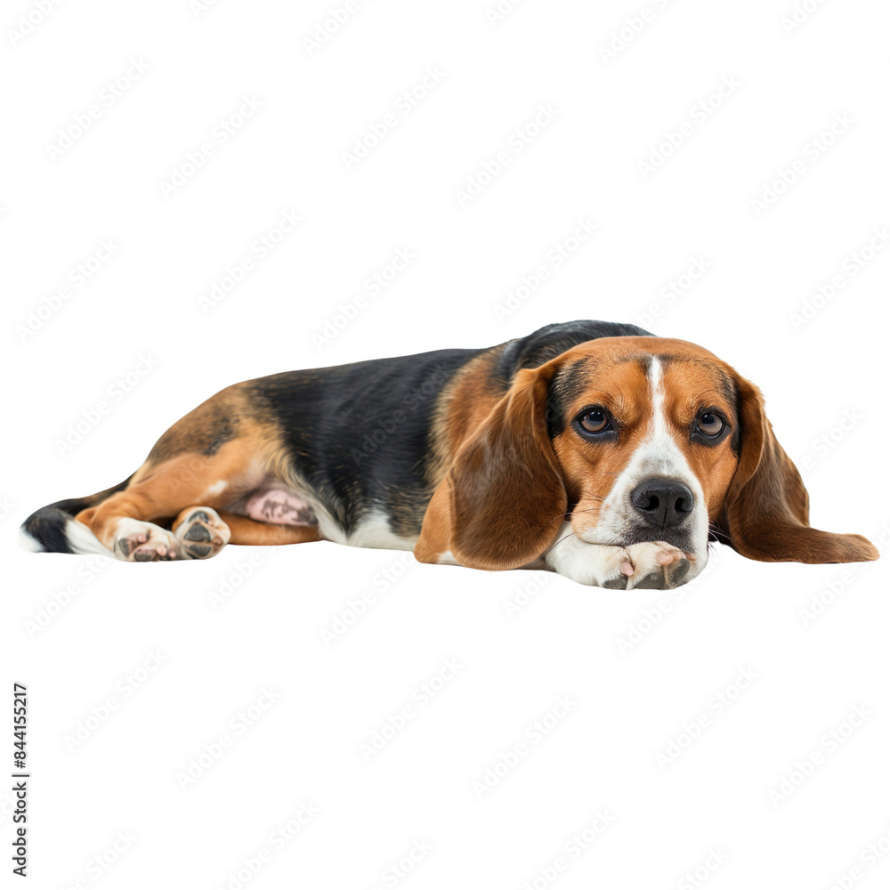 A Beagle lying down with a relaxed expression A Beagle lying down with a relaxed expression
