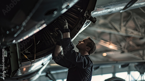 Mechanic Conducts Detailed Inspection of Aircraft Inside Hangar