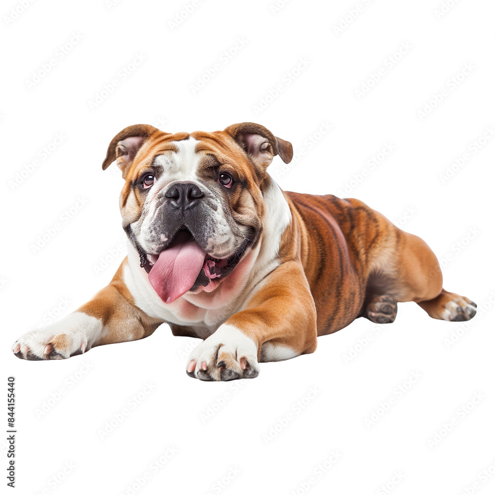 A Bulldog lying down with its tongue out A Bulldog lying down with its tongue out