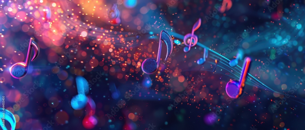 Vibrant digital art of floating music notes in a colorful and dynamic abstract background, symbolizing creativity and melody. Vibrant digital art of floating music notes in a colorful and dynamic abstract background, symbolizing creativity and melody.
