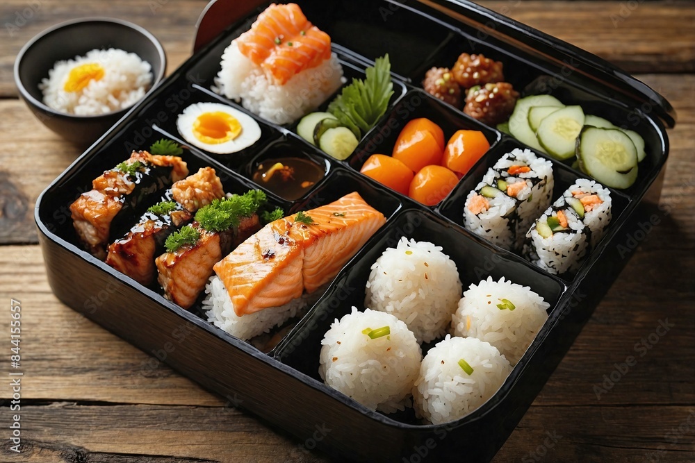 Japanese Breakfast: a black lacquer bento box containing a selection of delicacies