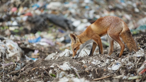 Animal in a landfill: Photo of an animal rummaging through a pile of rubbish at a landfill, highlighting the impact of waste on wildlife. photo