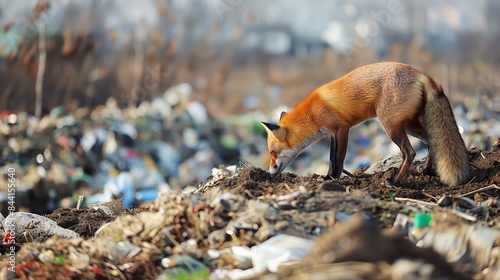 Animal in a landfill: Photo of an animal rummaging through a pile of rubbish at a landfill, highlighting the impact of waste on wildlife. photo