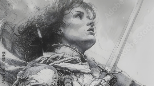 pencil sketch of Joan of Arc (1412–1431) - French heroine and saint who led French forces to victory during the Hundred Years' War. photo