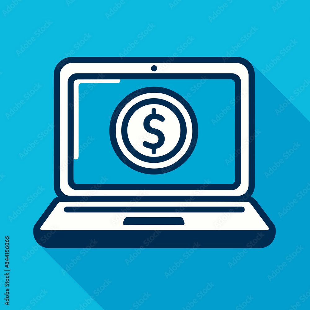 illustration of a laptop with a coin icon, on a bright blue background illustration of a laptop with a coin icon, on a bright blue background