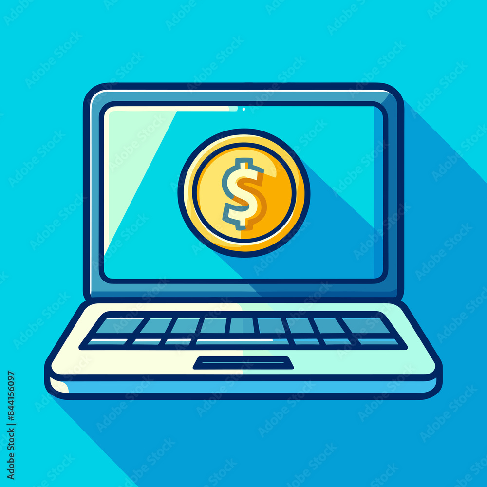 illustration of a laptop with a coin icon, on a bright blue background illustration of a laptop with a coin icon, on a bright blue background