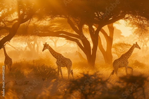 Giraffes grazing among acacia trees