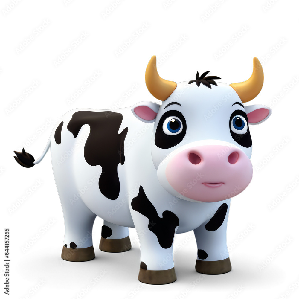 3D illustration of a cute cattle icon with big blue eyes, a gentle expression, and black and white spots in a standing pose
3D illustration of a cute cattle icon with big blue eyes, a gentle expression, and black and white spots in a standing pose