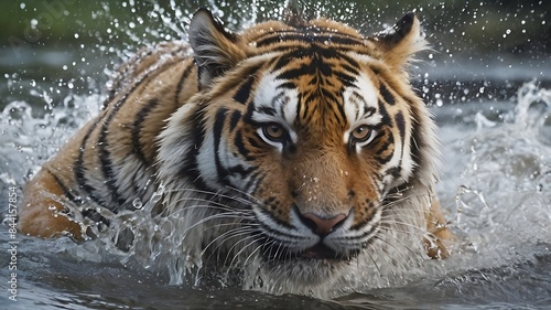 A captivating low-angle photograph of a majestic Siberian tiger (Panthera tigris altaica), showcasing the power and grace of this magnificent big cat species in its natural habitat.
