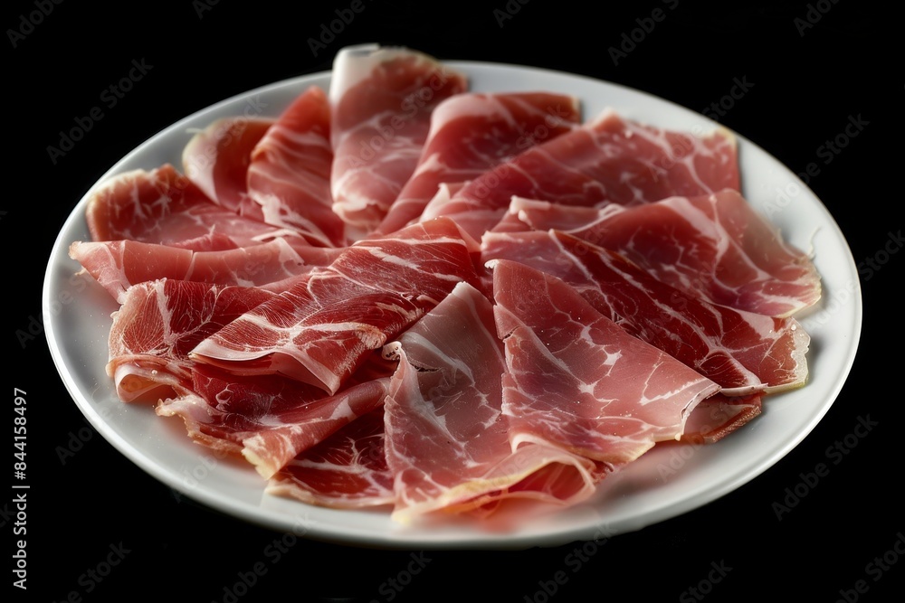 Sliced parma ham on a white plate isolated on a black background, in a studio shot. Sliced parma ham on a white plate isolated on a black background, in a studio shot.