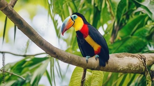 A vibrant toucan perched on a tree branch, surrounded by lush tropical vegetation, showcasing its colorful beak and feathers in its natural habitat.