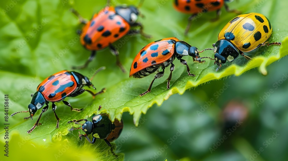 Fototapeta premium Colorful Beetles on Green Leaf Close-Up