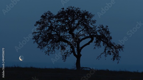 A dark tree partially hides a crescent moon