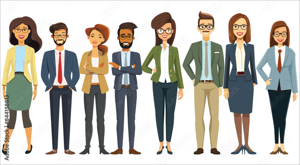 Obraz premium Group of business man and woman character set, Group of happy business man and woman standing, Business people character, Business people male and female characters, Business team, Business, Teamwork