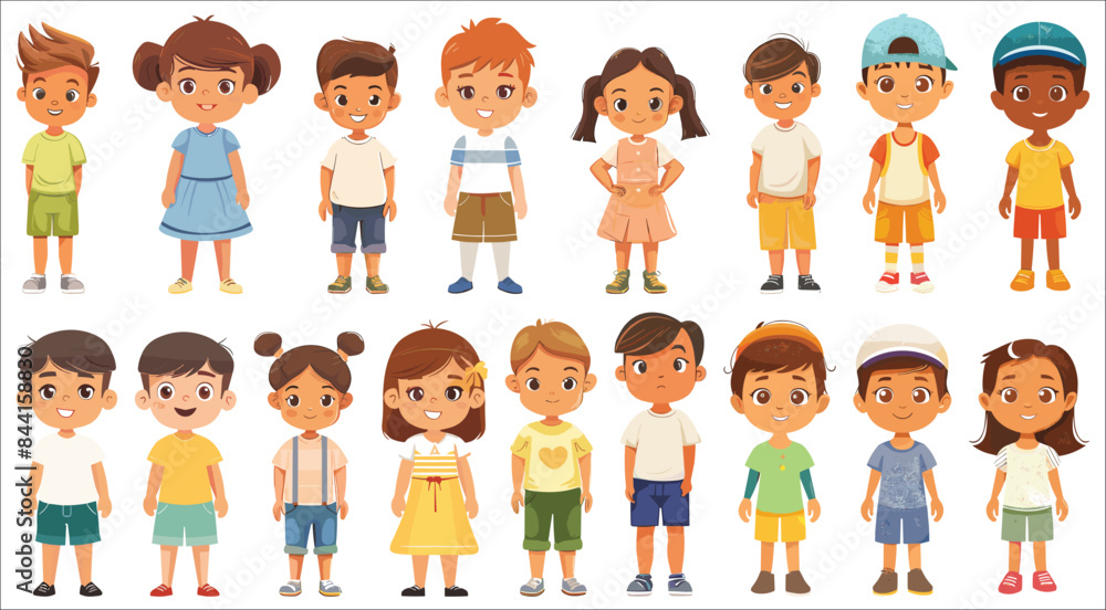 Happy Children Characters in Standing Pose, Cartoon kids with different expressions Happy Children Characters in Standing Pose, Cartoon kids with different expressions