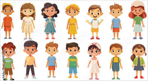 Set of Happy multiethnic preschool girls and boy standing in different expressions, Cute kids character vector, Cartoon kids with different expressions, Happy kids cartoon collection