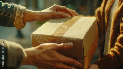 Looking at the Delivery, Customer Takes Box in Close-Up