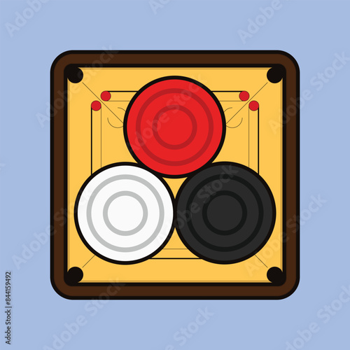 Wooden Carrom Board Game Vector Illustration Carrom game icon Indian carrom board game with pawn