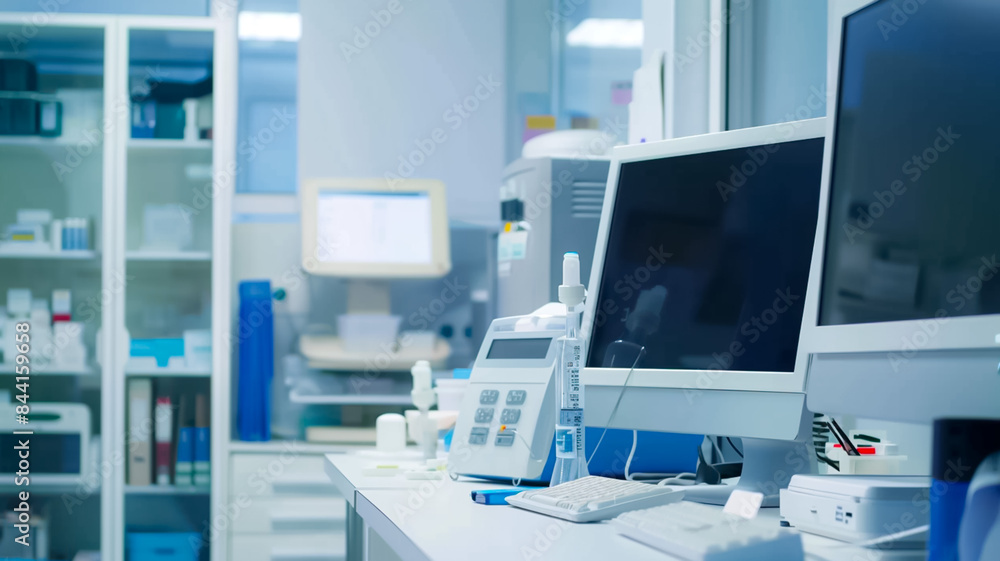 A computer monitor sits on a desk in a medical office A computer monitor sits on a desk in a medical office