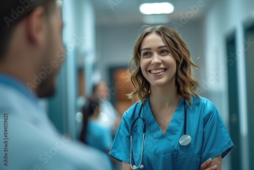 Doctor and Nurse Working in Hospital Hallway, Smiling Happy Medical Industry Employees, Healthcare Team at Clinic Background, Friendly Professional Teamwork Backdrop