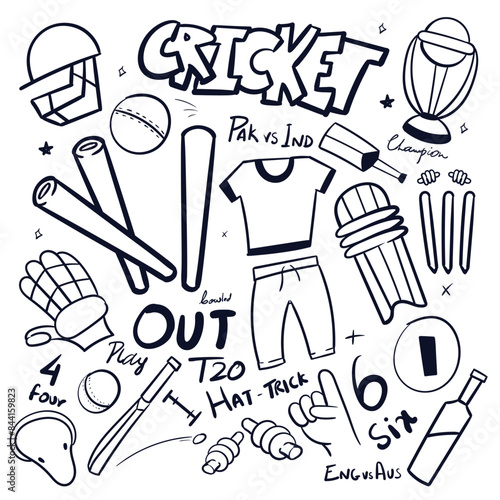 Cricket doodle vector set. Hand drawn Cricket drawing illustration vector. cricket scribble doodle