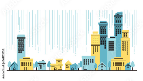 雨が降る都会の街並みのパステルカラーのモダンなイラスト