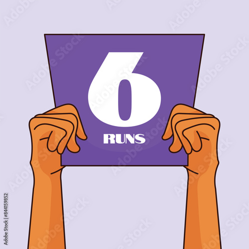 Cricket 6 runs cards holding in hand. Cricket Fans boundary card vector. card in hand