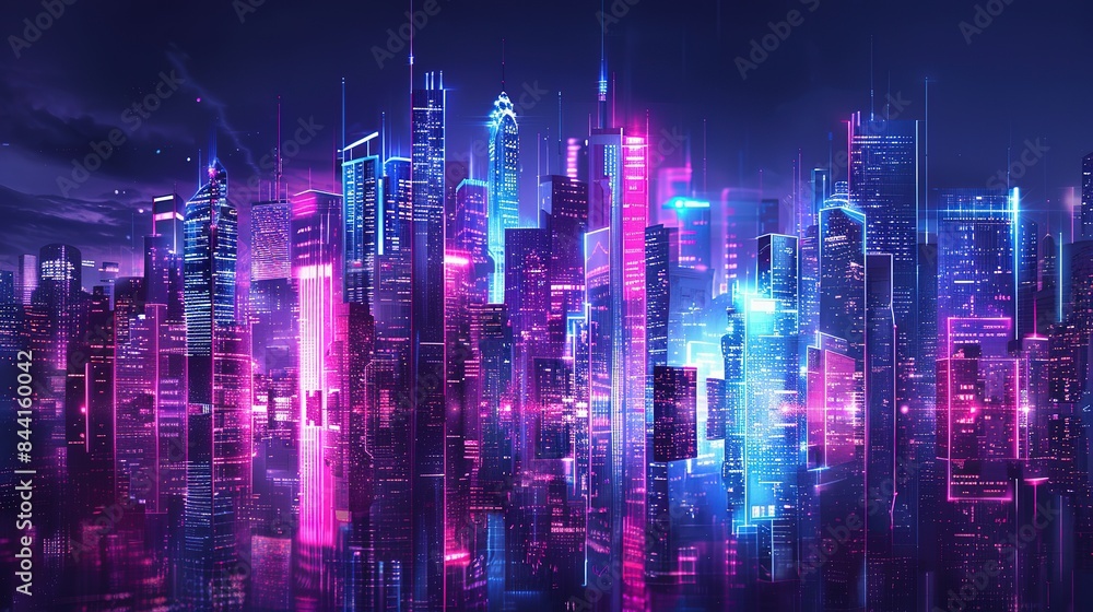 Fototapeta premium Abstract digital cityscape with skyscrapers and neon lights. A Vision of Urban Futurism Where Skyscrapers Pierce the Night Sky Bathed in Radiant Glow