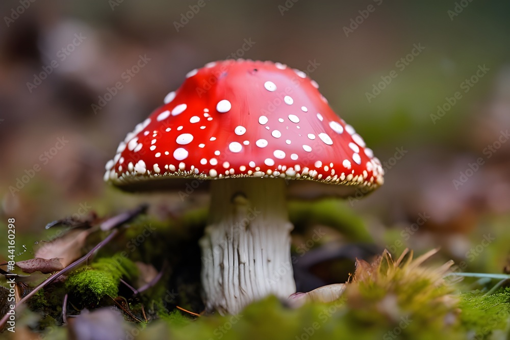 A vibrant red mushroom with white spots rests on the ground, creating a picturesque scene in nature. A vibrant red mushroom with white spots rests on the ground, creating a picturesque scene in nature.