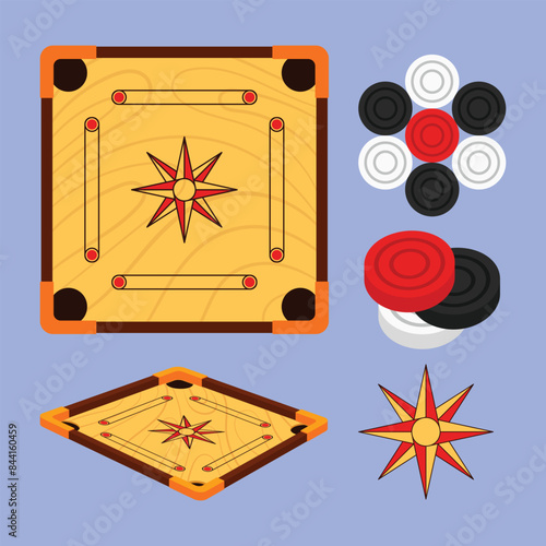 Wooden Carrom Board Game Vector Illustration Carrom game icon Indian carrom board game with pawn