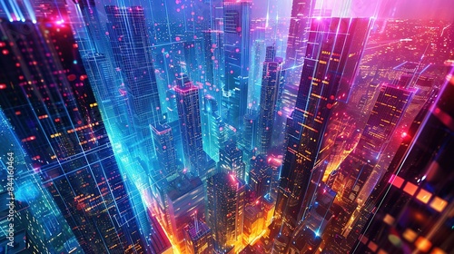 Wallpaper Mural Abstract digital cityscape with skyscrapers and neon lights. A Vision of Urban Futurism Where Skyscrapers Pierce the Night Sky Bathed in Radiant Glow Torontodigital.ca